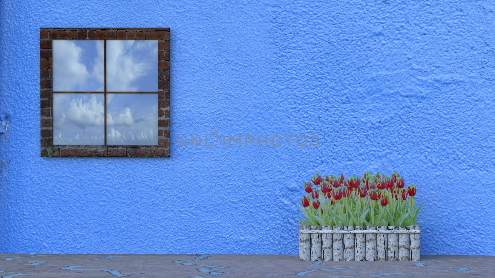 The 3d rendering of window with reflection and beauticul tulip beside the wall