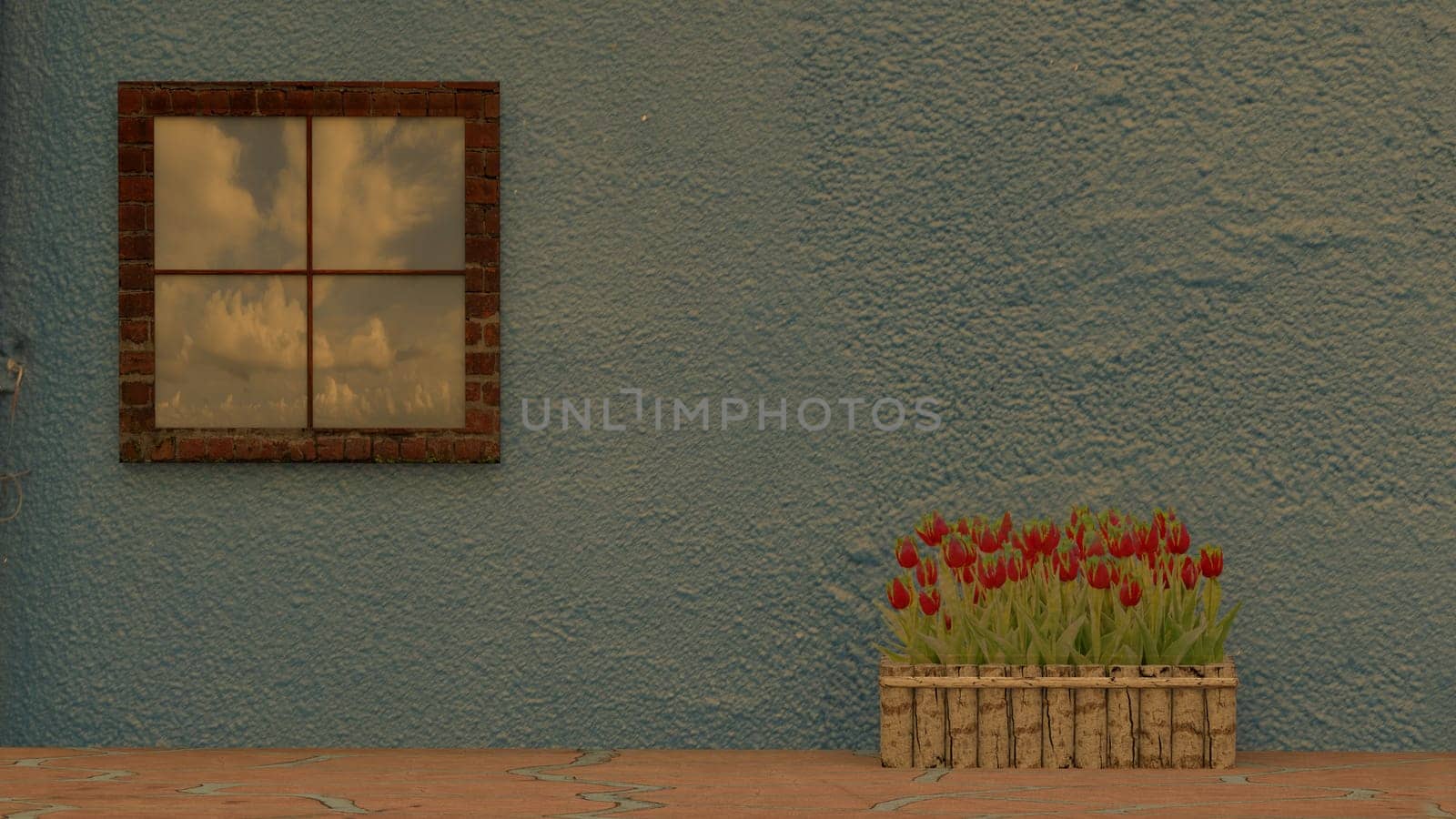 The 3d rendering of window with reflection and beauticul tulip beside the wall