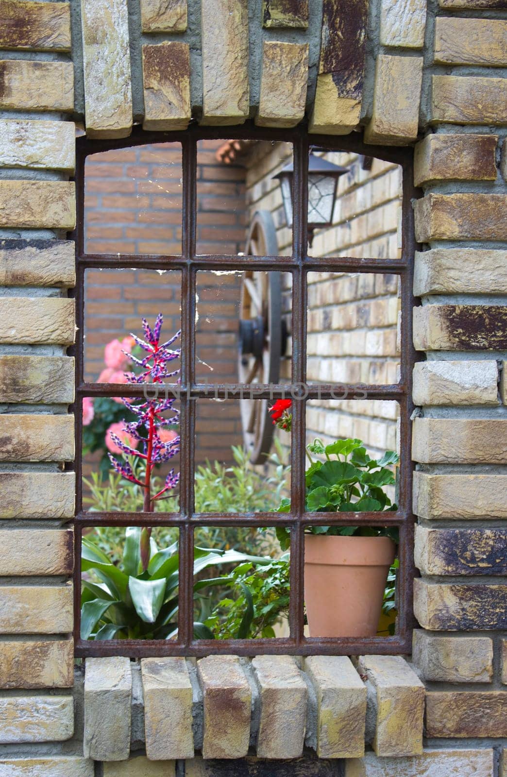 beautiful place in the garden in the mediterranean style, old window with flowers