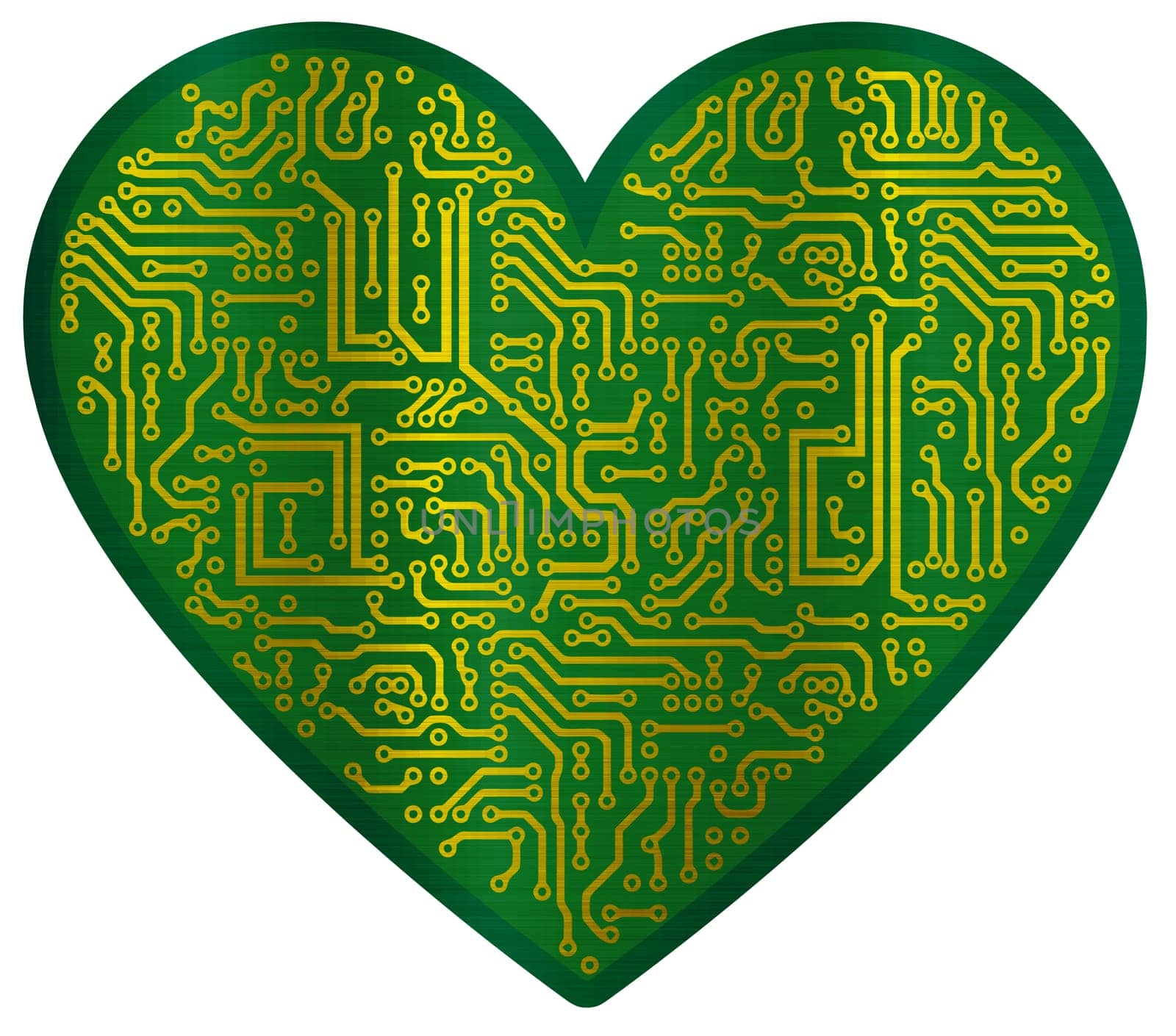 tech circuity electronic heart shape connection board metallic golden illustration