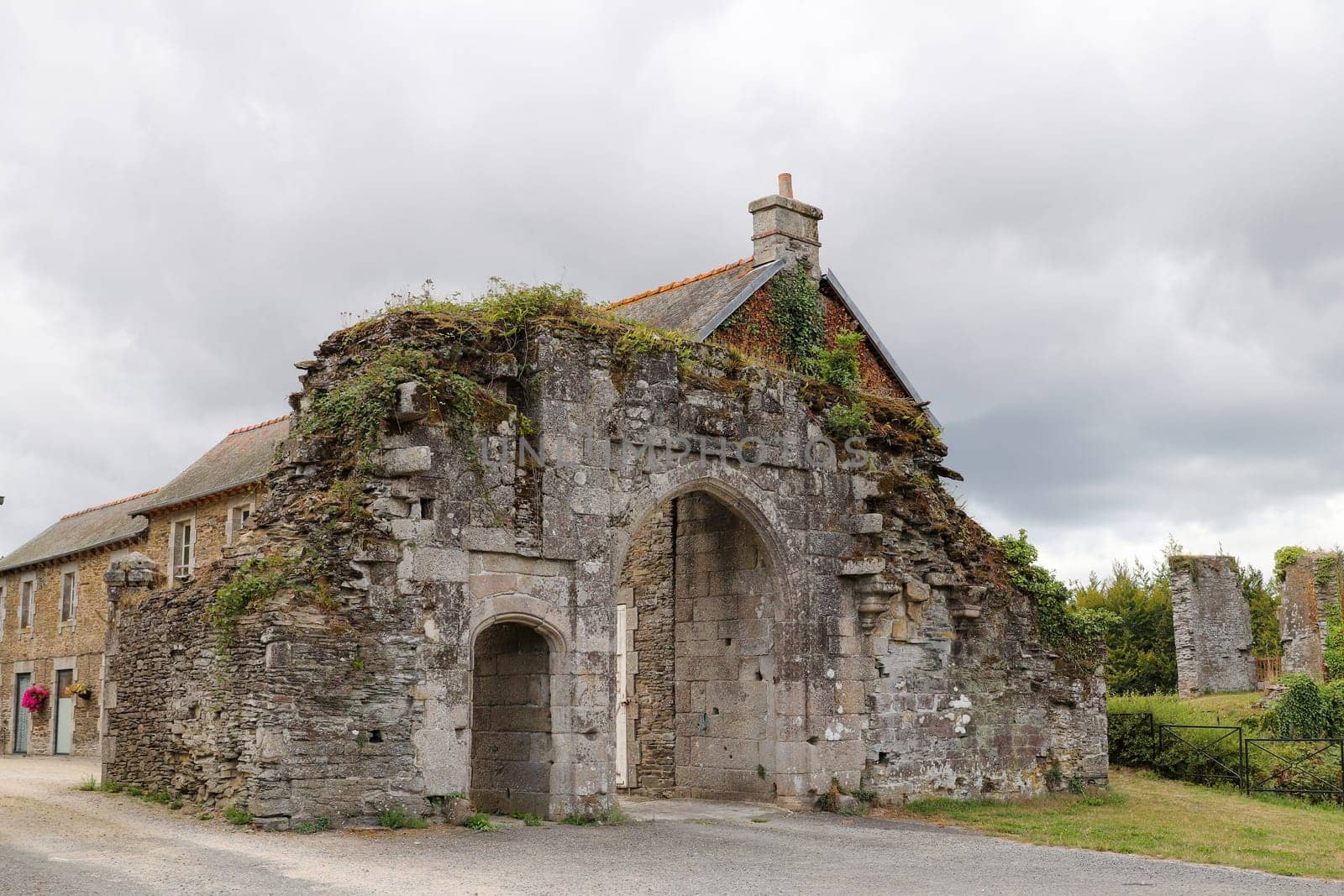 Corlay, France, August 6, 2019: Ruins of medieval castle, Corlay, department Côtes-d'Armor, Brittany, France
