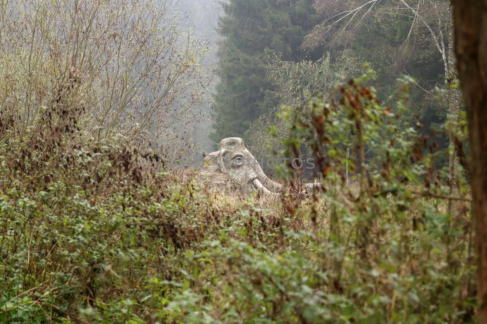 SAZAVA, CZECH REPUBLIC, November 2, 2019: Statue of mammoth in the landscape, author: Michal Olsiak, Zdar nad Sazavou district, Vysocina Region, Czech Republic