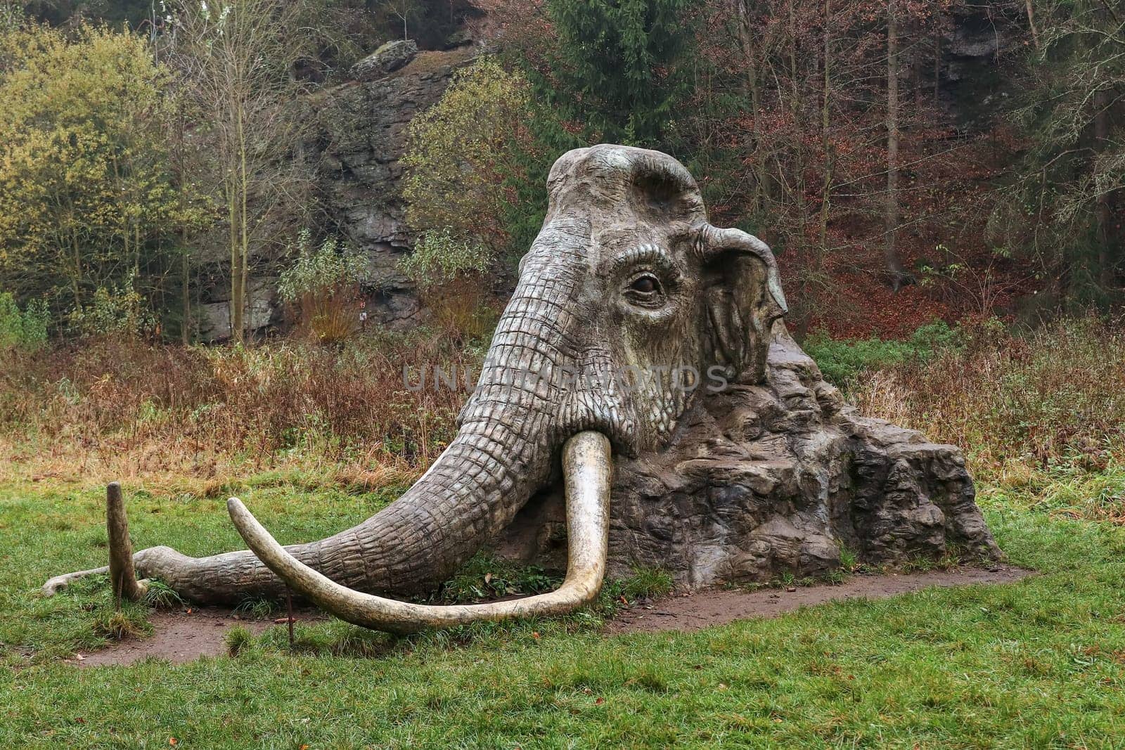 SAZAVA, CZECH REPUBLIC, November 2, 2019: Statue of mammoth in the landscape, author: Michal Olsiak, Zdar nad Sazavou district, Vysocina Region, Czech Republic