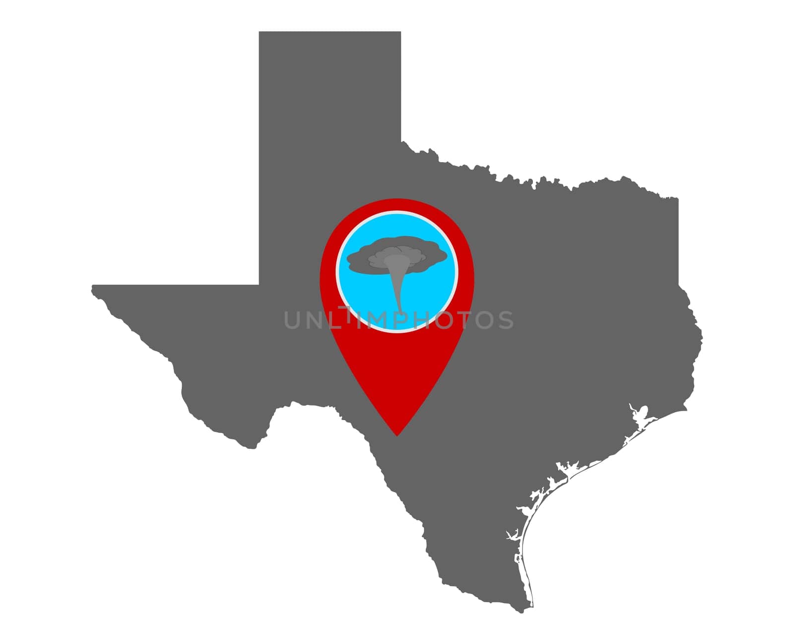 Karte von Texas und Pin Tornadowarnung