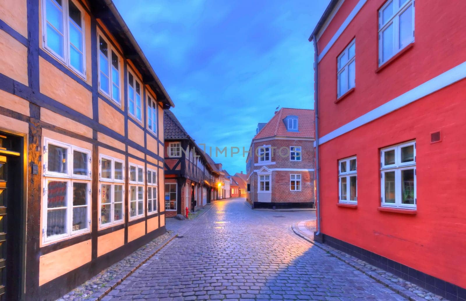 Street in famous medieval city of Ribe, Denmark - HDR