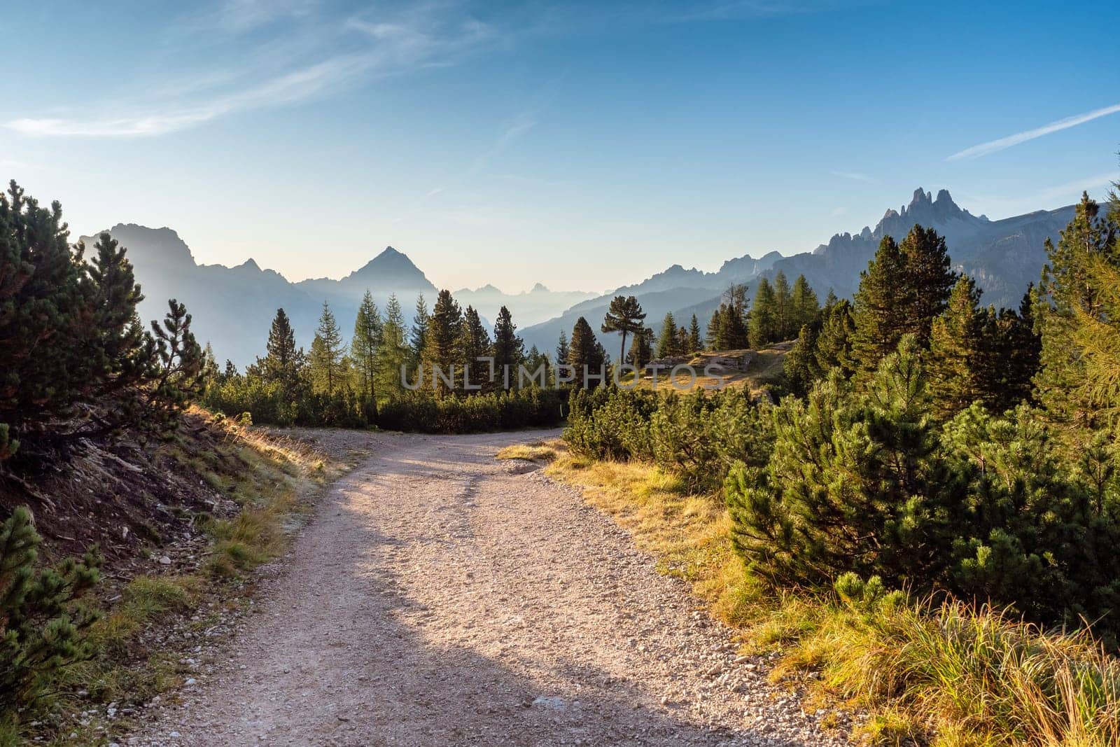 Wide trail in the Dolomites. Hiking trip, Walking path in dolomites landscape. The Tofane Group in the Dolomites, Italy, Europe.