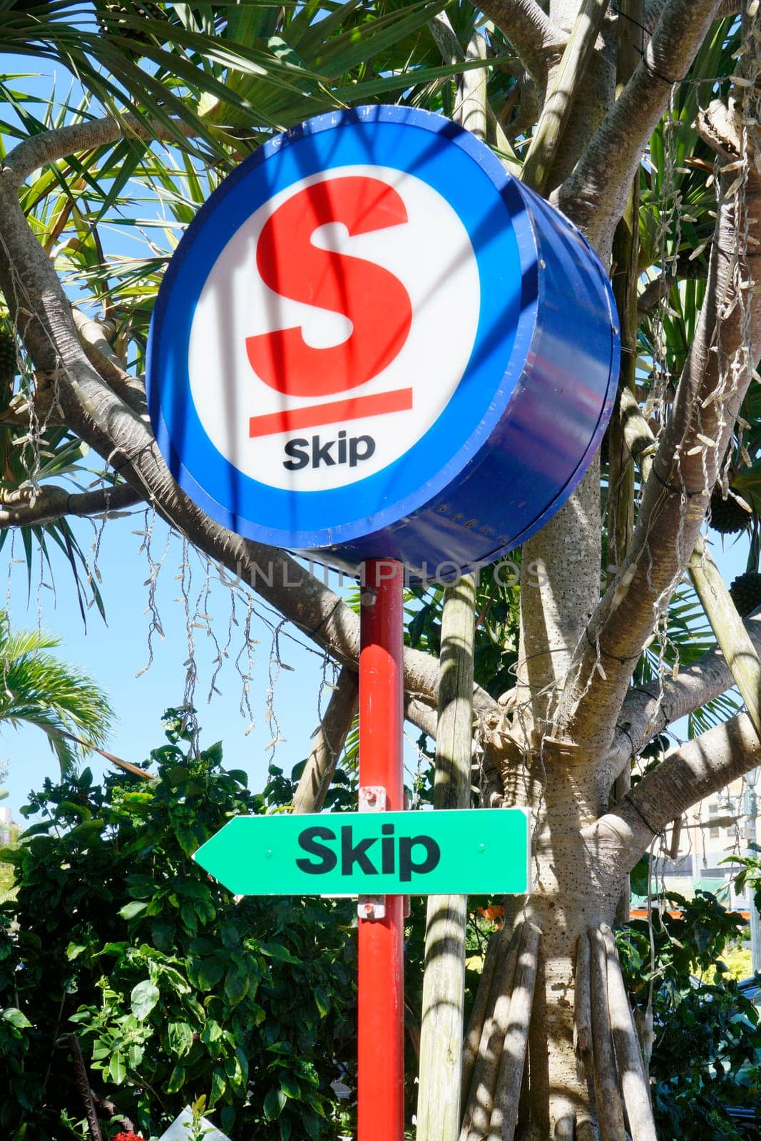 American shop sign where is inscribed Skip in the shop mall of the American village of Chatan City in Okinawa island where Distortion Seaside, Oak Fashion and Depot Island Seaside are located