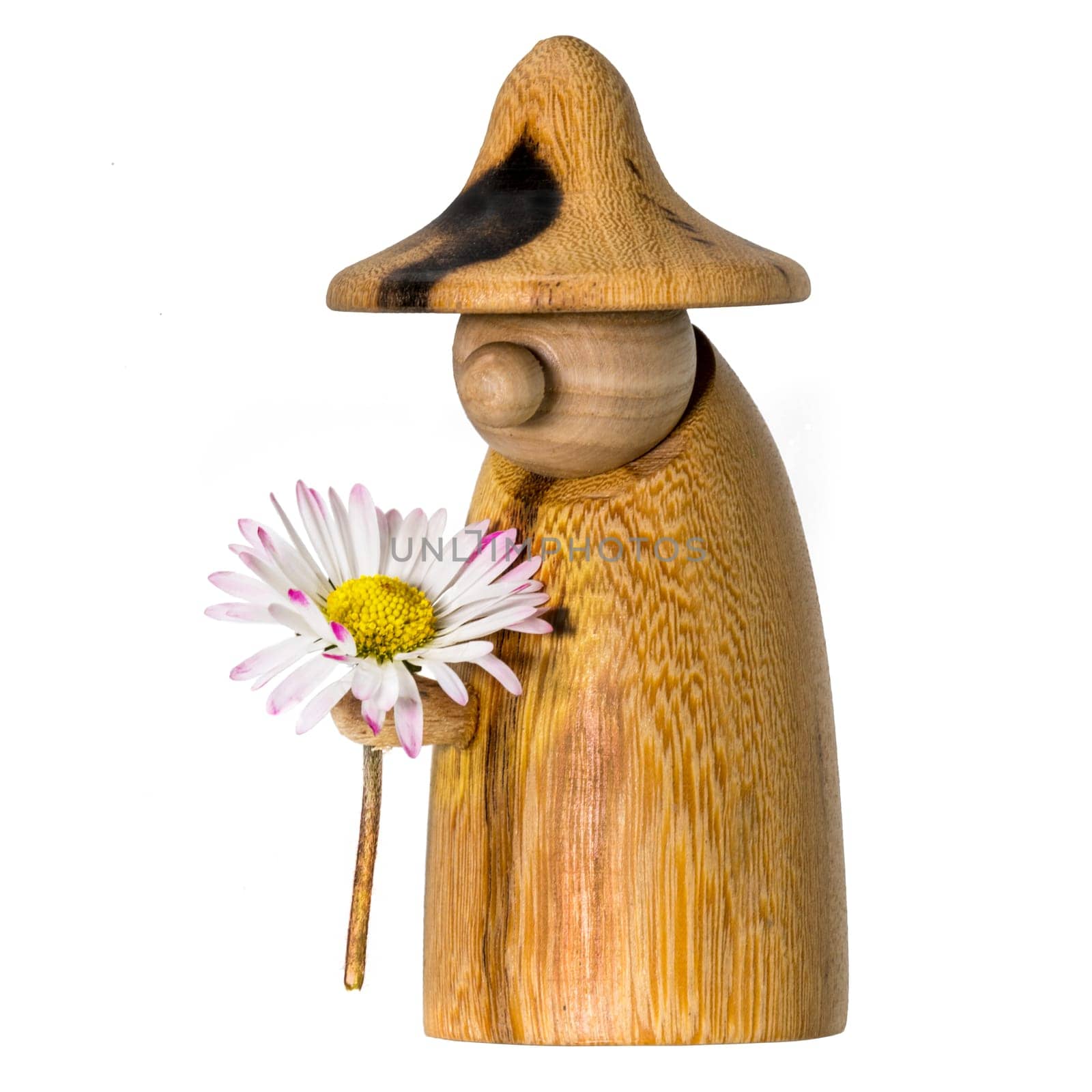 Turned wood gnome with a daisy in hand isolated on white