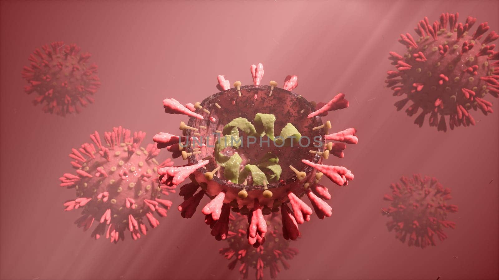 Severe acute respiratory syndrome coronavirus 2, SARS-CoV-2, causing COVID-19 disease. Detailed 3D render of a infectious virus in human body cut in half with visible RNA sequence.