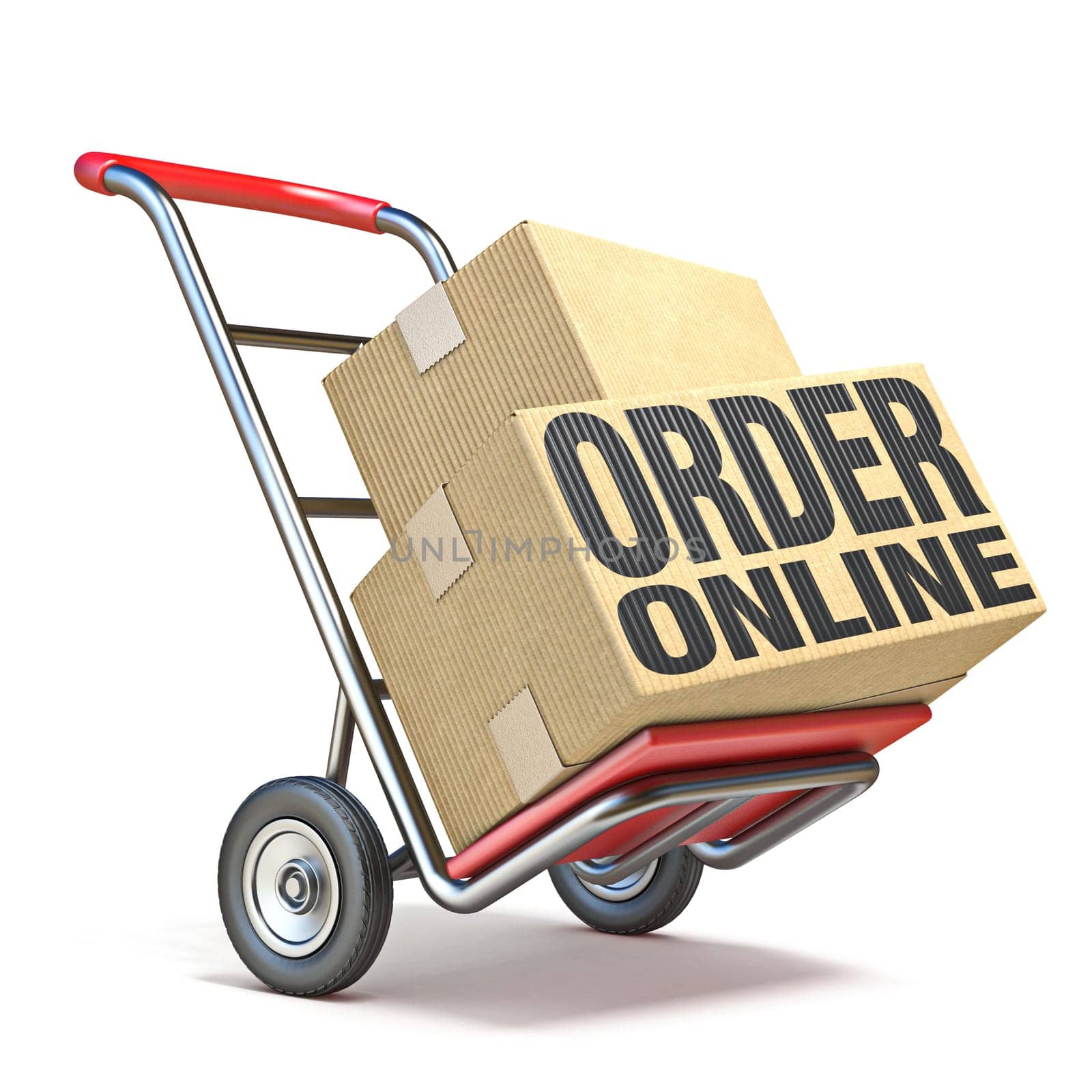 Text ORDER ONLINE on hand truck 3D render illustration isolated on white background