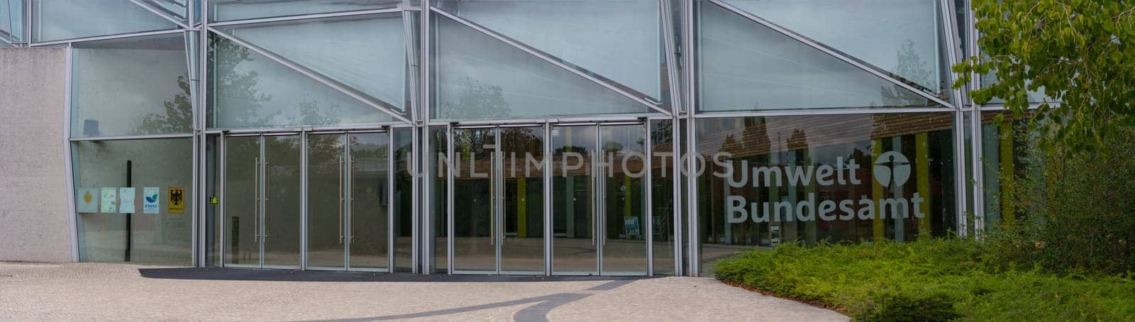 DESSAU - AUGUST 05, 2018: Environment, glass facade and entrance area of the Federal Environmental Agency in Dessau
