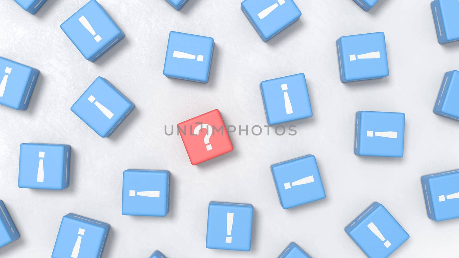 One Question Mark on Red Cube and Many Exclamation Point on Blue Cubes on a Light Gray Plastered Background 3D Illustration