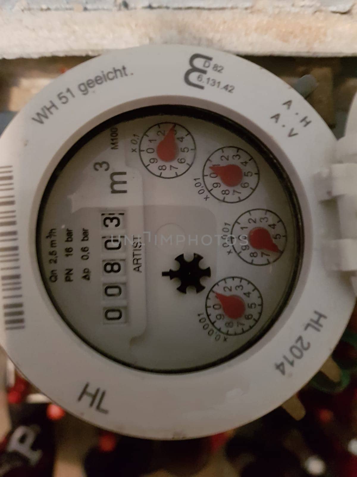 HEILIGENHAUS, NRW, GERMANY - NOVEMBER 27, 2018:.Old water meter in Germany. The water meter counts the loss of drinking water