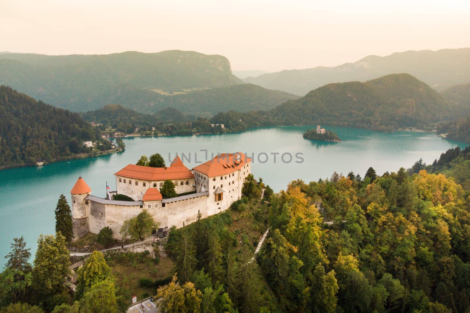 Aerial view of Bled Castle overlooking Lake Bled in Slovenia, Europe.