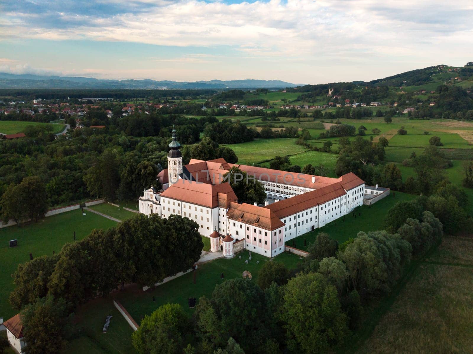 Aerial view of Cistercian monastery Kostanjevica na Krki, homely appointed as Castle Kostanjevica, Slovenia, Europe.