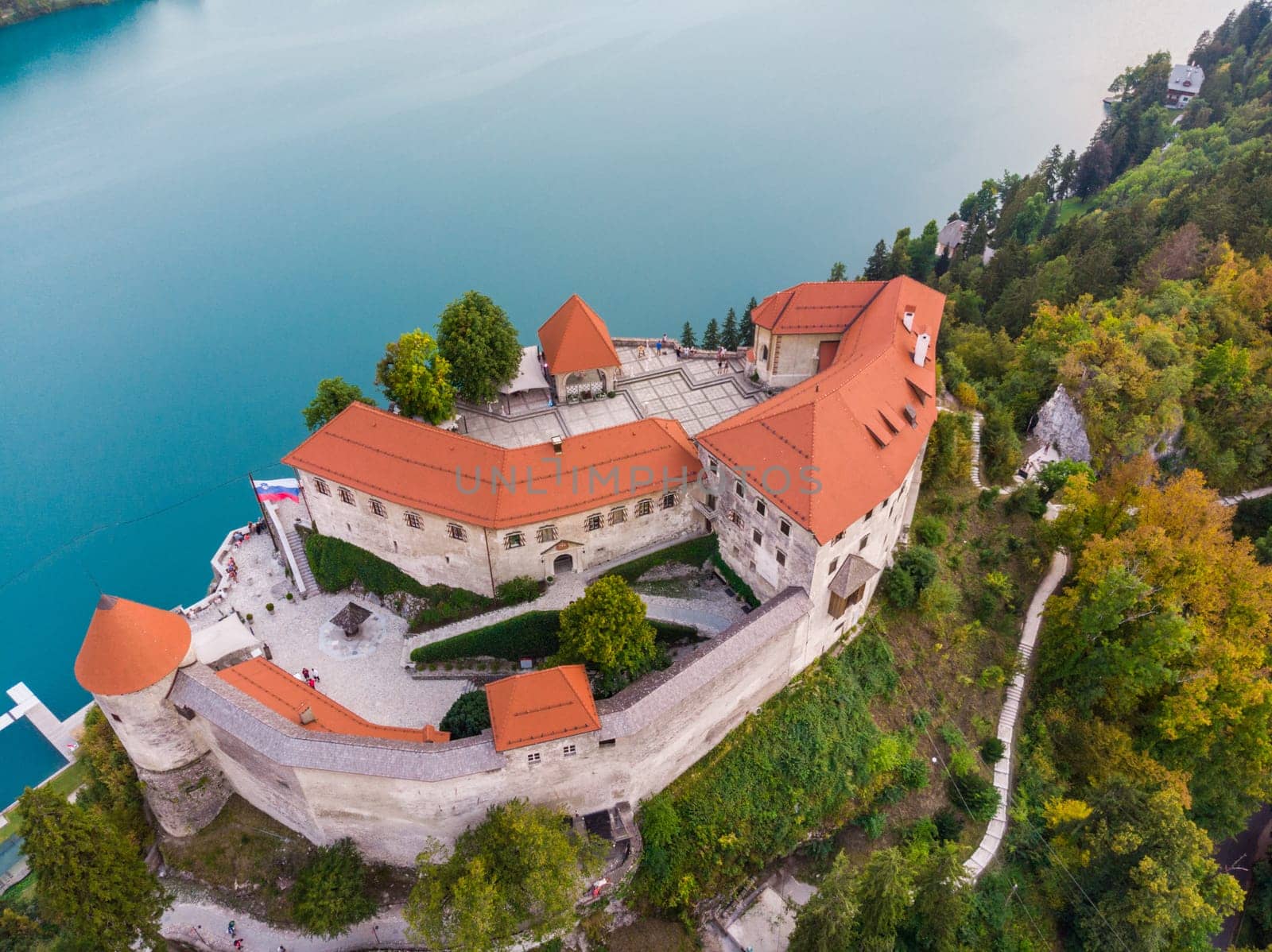 Aerial view of Lake Bled and the castle of Bled, Slovenia, Europe. Aerial drone photography.