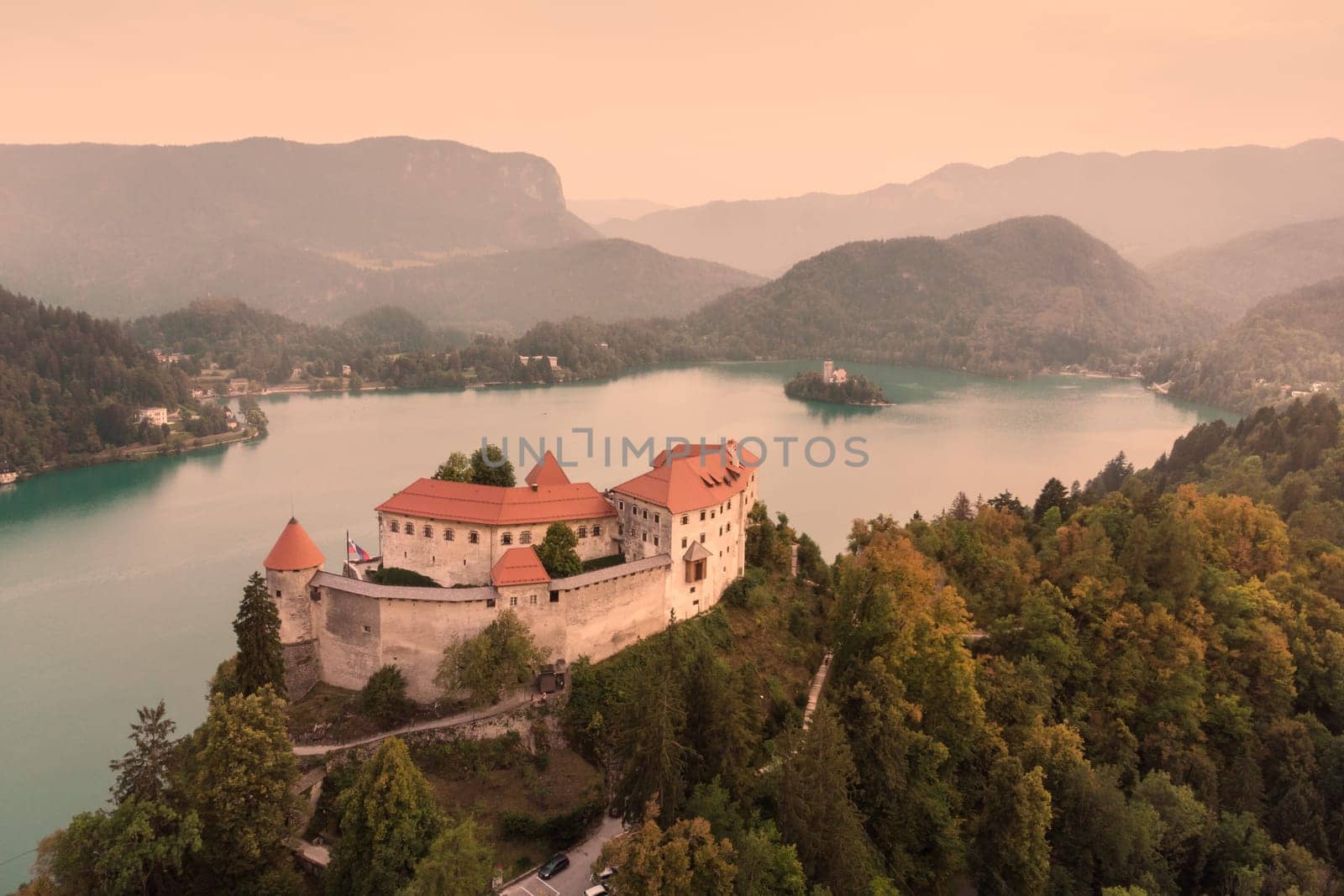 Aerial view of Lake Bled and the castle of Bled, Slovenia, Europe. Aerial drone photography.