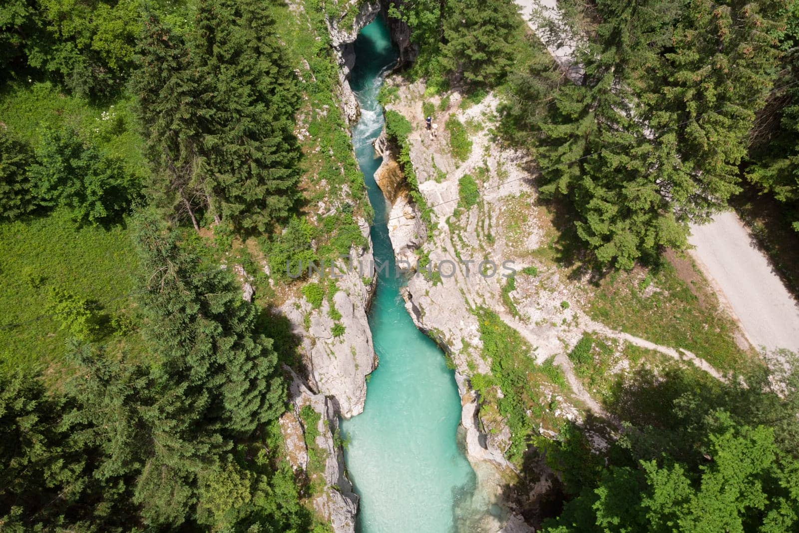 Aerial view over Soca river in Triglav National Park, Slovenia.