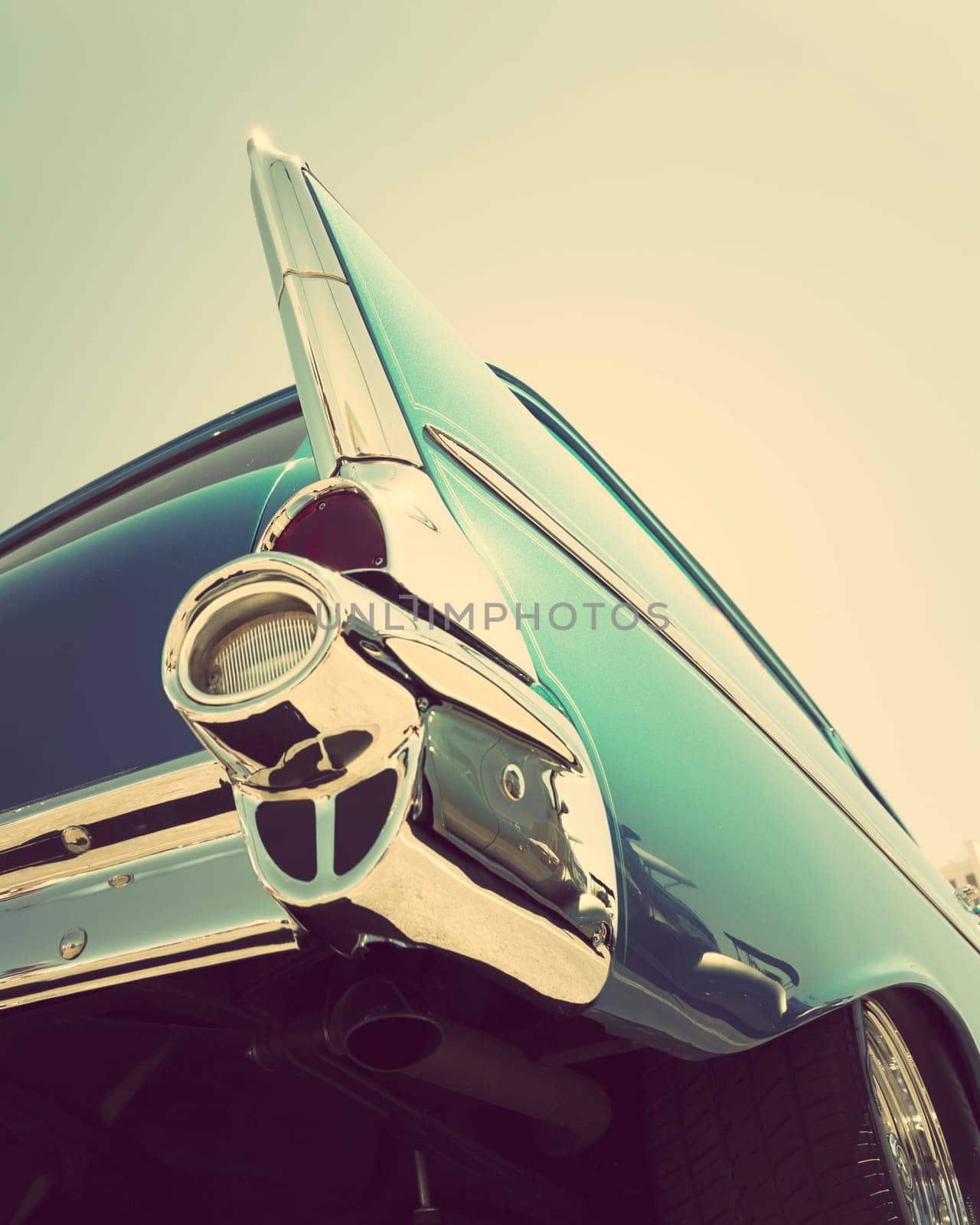 Classic american car in vintage color, low angle photograph