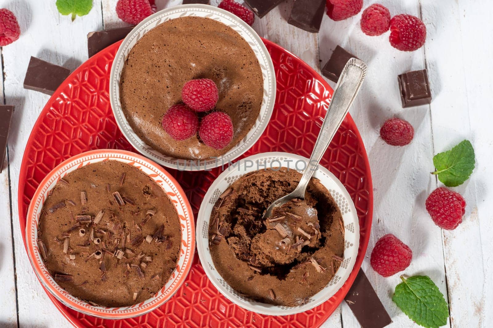 three bowls of delicious homemade chocolate mousse