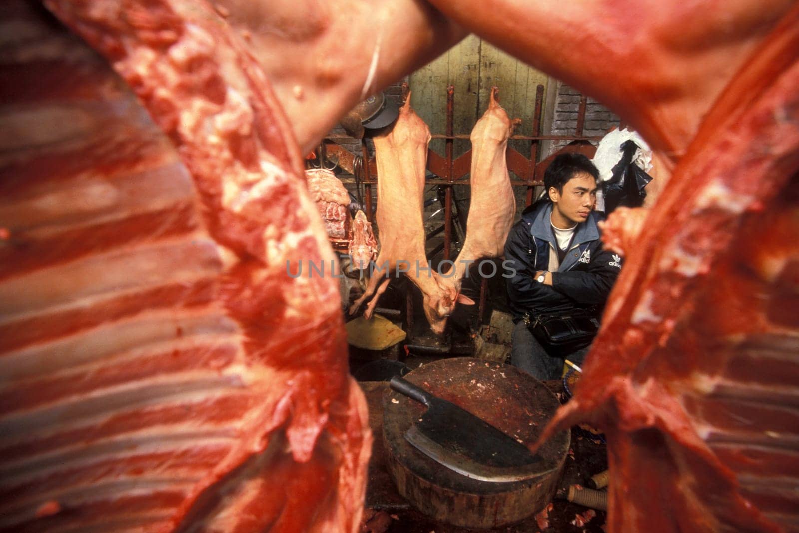 fresh meat at the meat and animal Market in the city of Guangzhou in the province of Guangdong in china in east asia.   China, Guangzhou, April, 2000