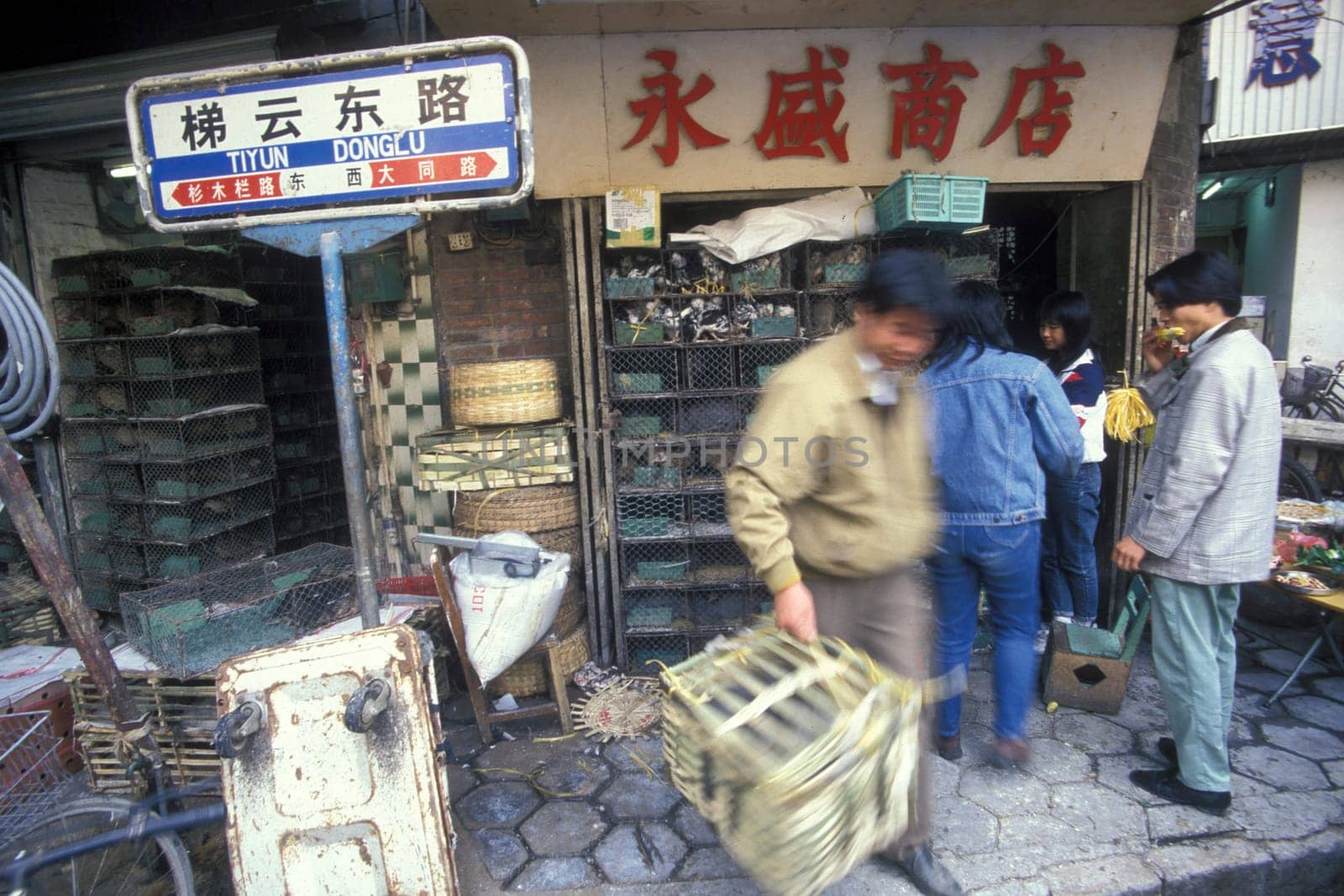 the meat and animal Market in the city of Guangzhou in the province of Guangdong in china in east asia.   China, Guangzhou, April, 2000