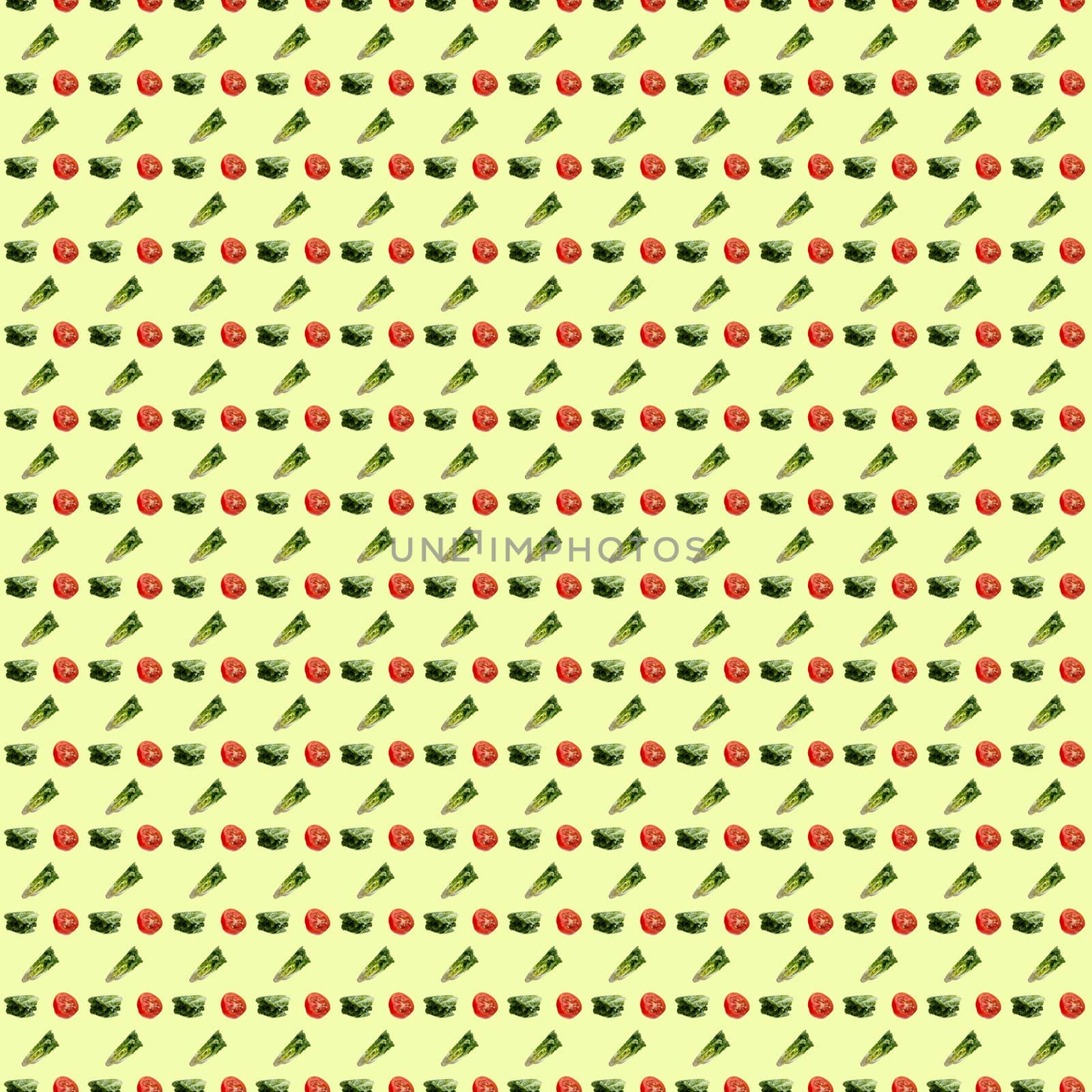 Seamless pattern with heads of lettuce and half a tomato on a yellow background. Illustration