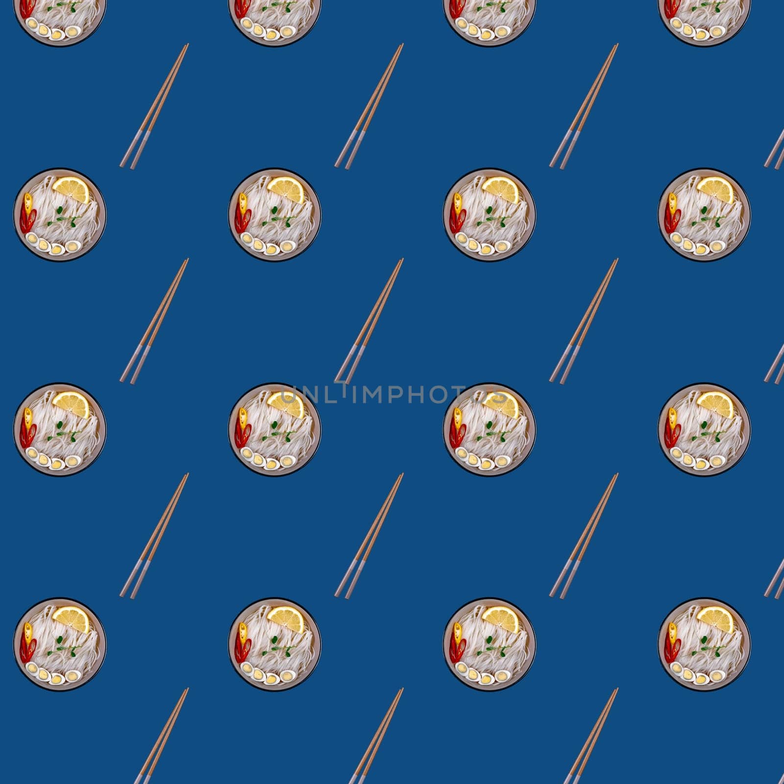 Seamless pattern with a plate of Asian noodles and Chinese chopsticks on a blue background.