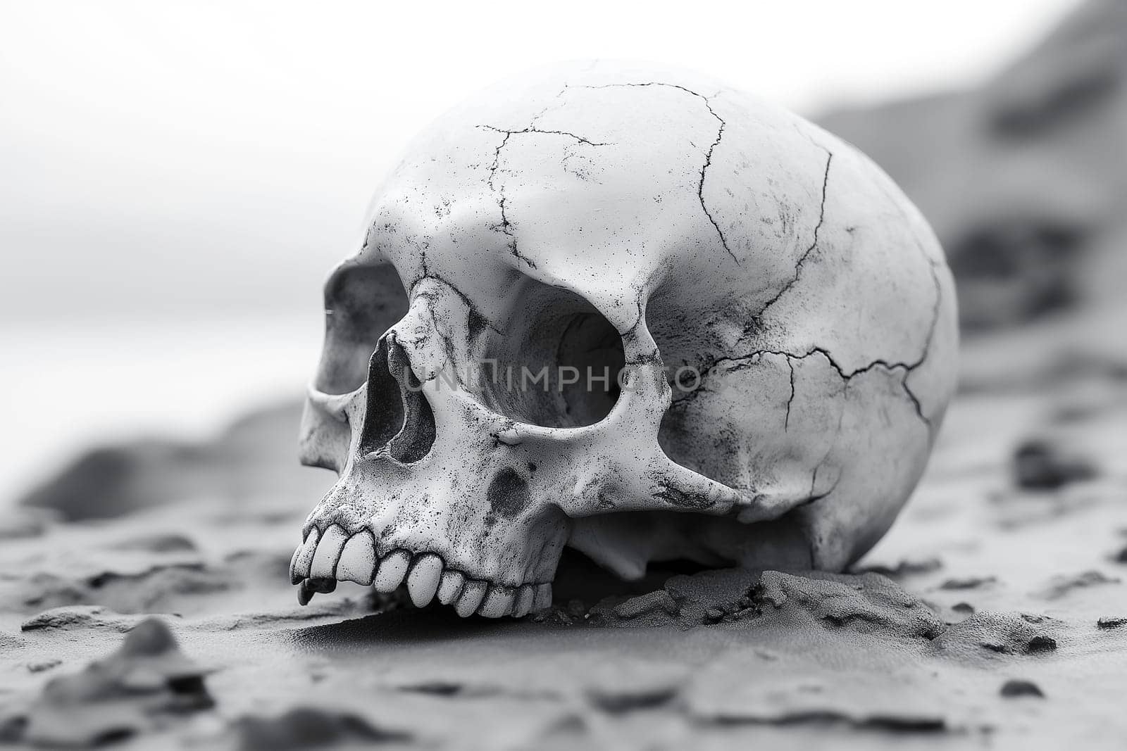 A weathered skull rests on the ground. Its cracked surface and earthly setting suggest a passage of time. Nature reclaims what was once living.