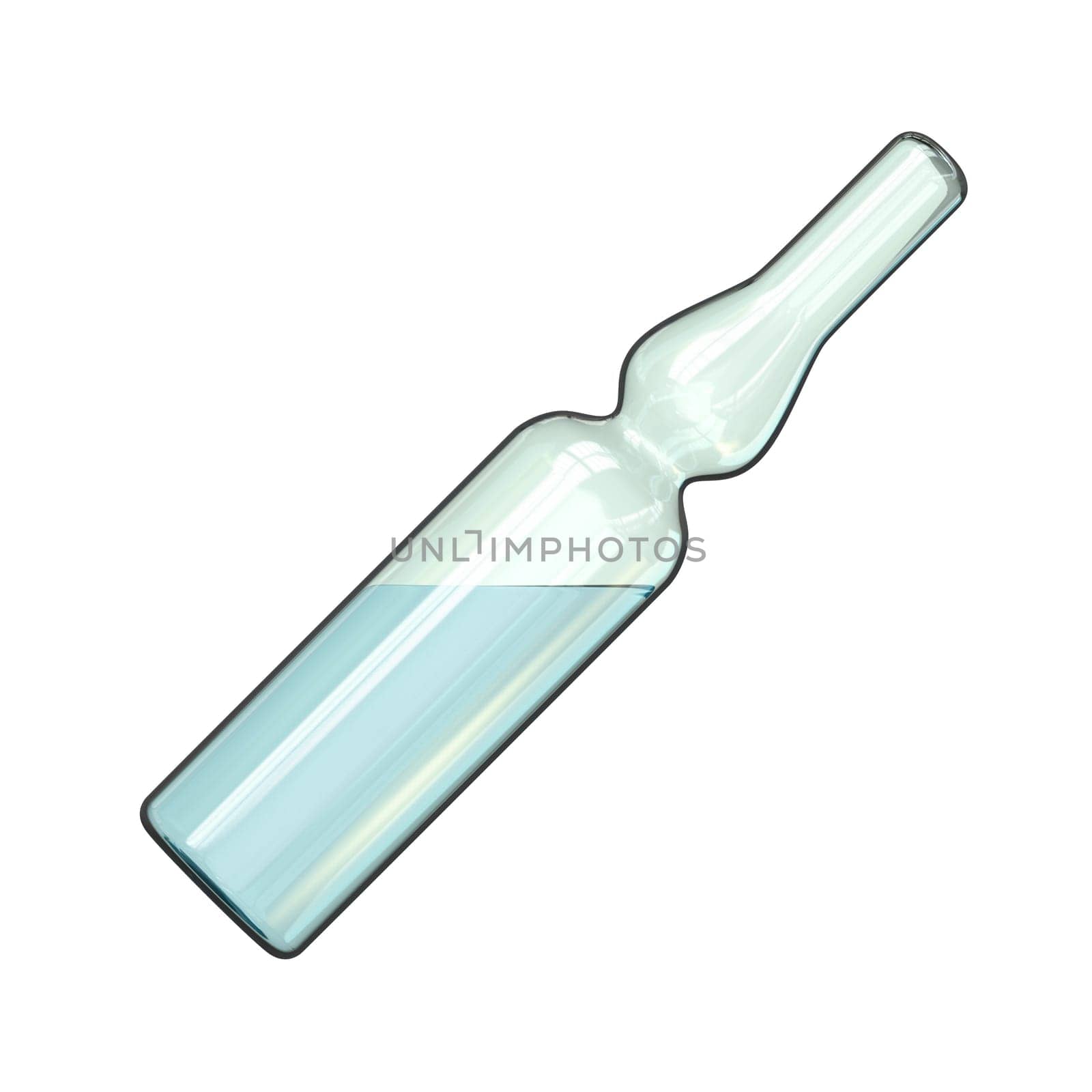 Angled glass ampoule with cure 3D render illustration isolated on white background