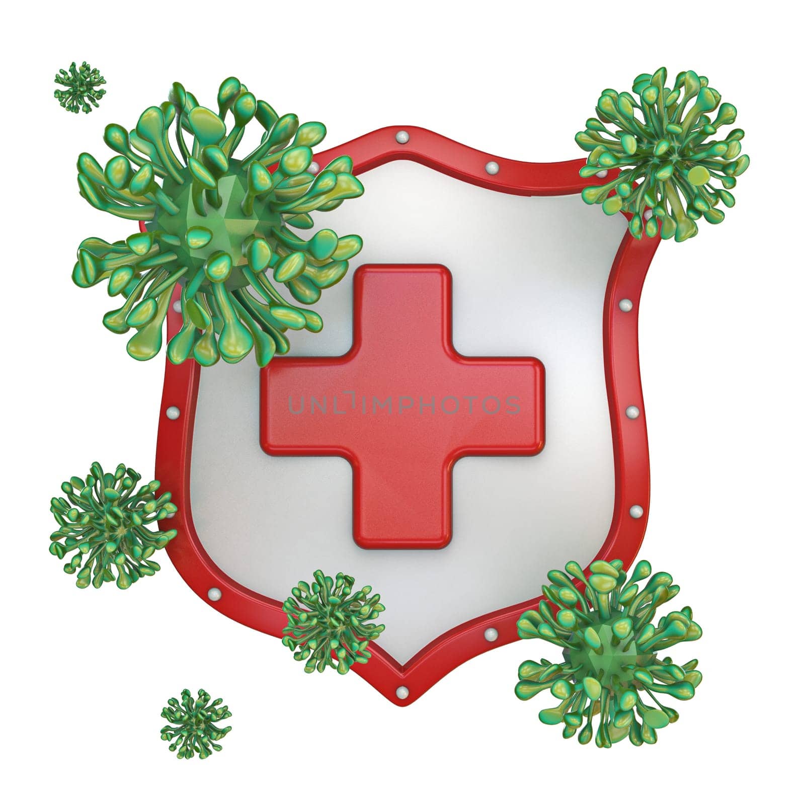 Medicine shield attacked by viruses 3D render illustration isolated on white background