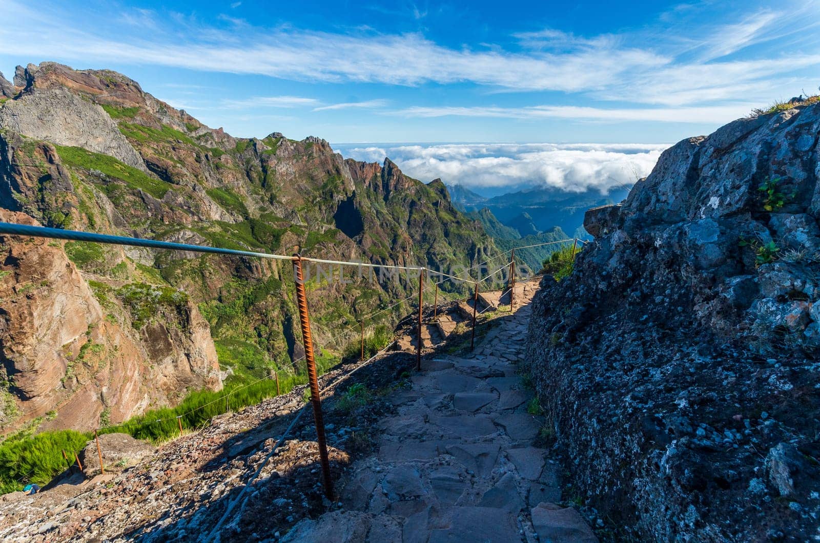 Hiking trail passage from mountain Pico Arieiro to Pico Ruivo, Madeira.