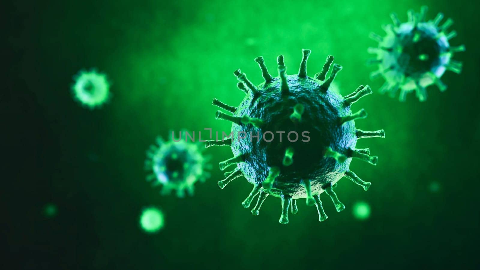 Dangerous Pandemic coronavirus covid-19 flu 3D rendering with green background and deep of field effect.