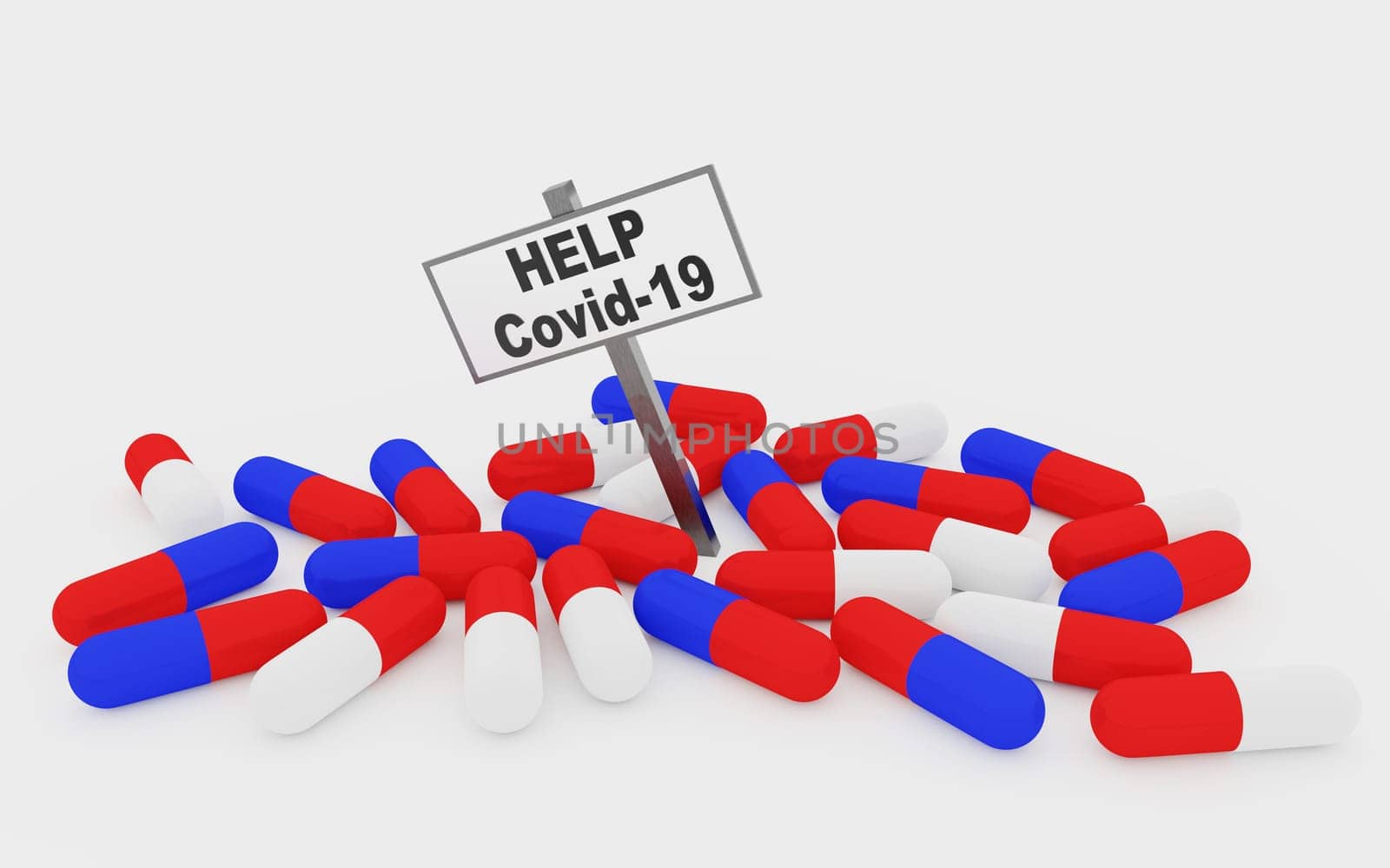 HELP CoVid-19 pills concept with pills isolated on white background. 3D rendering