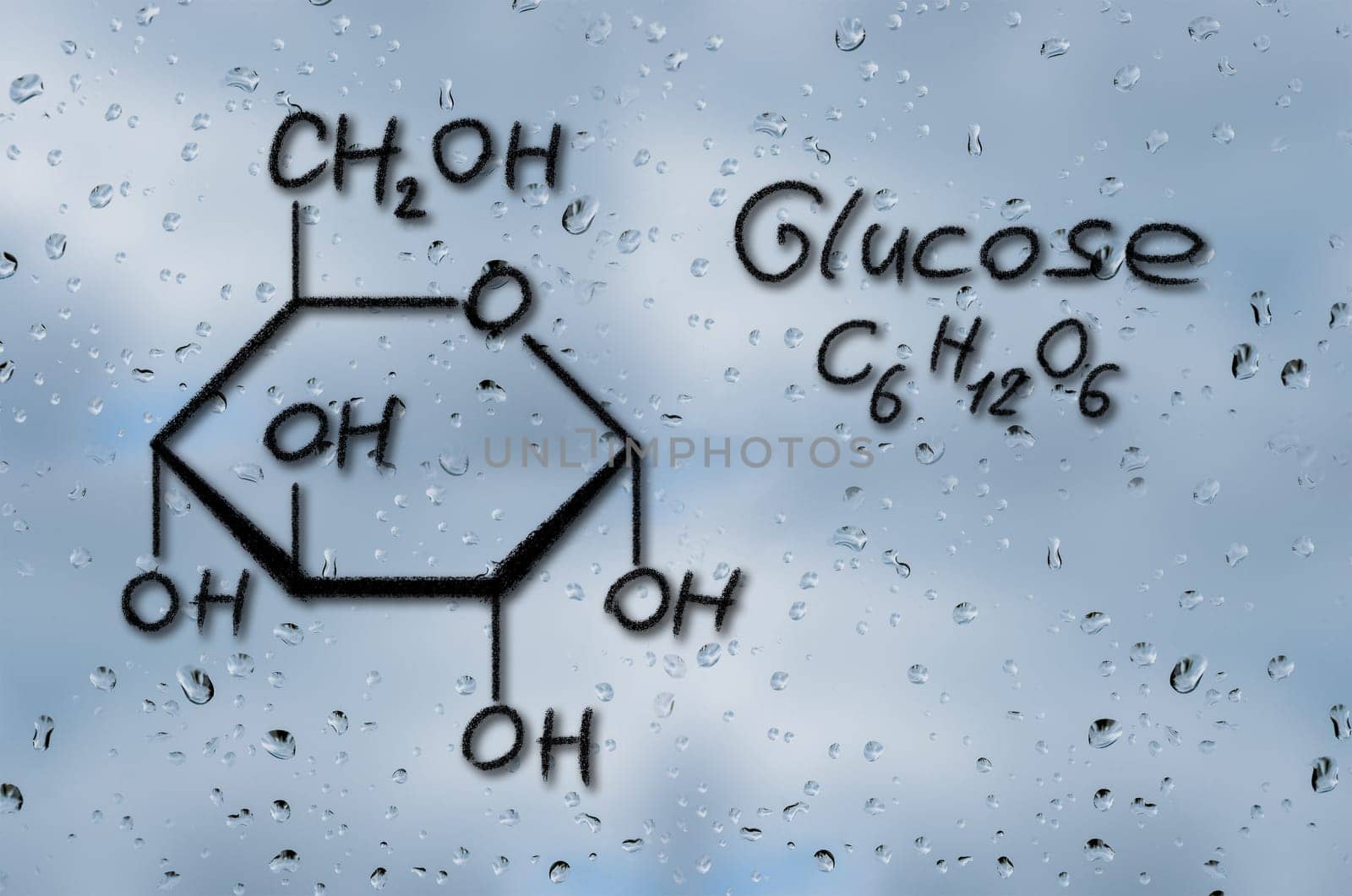 Structural model of Glucose drawn on the glass with raindrops