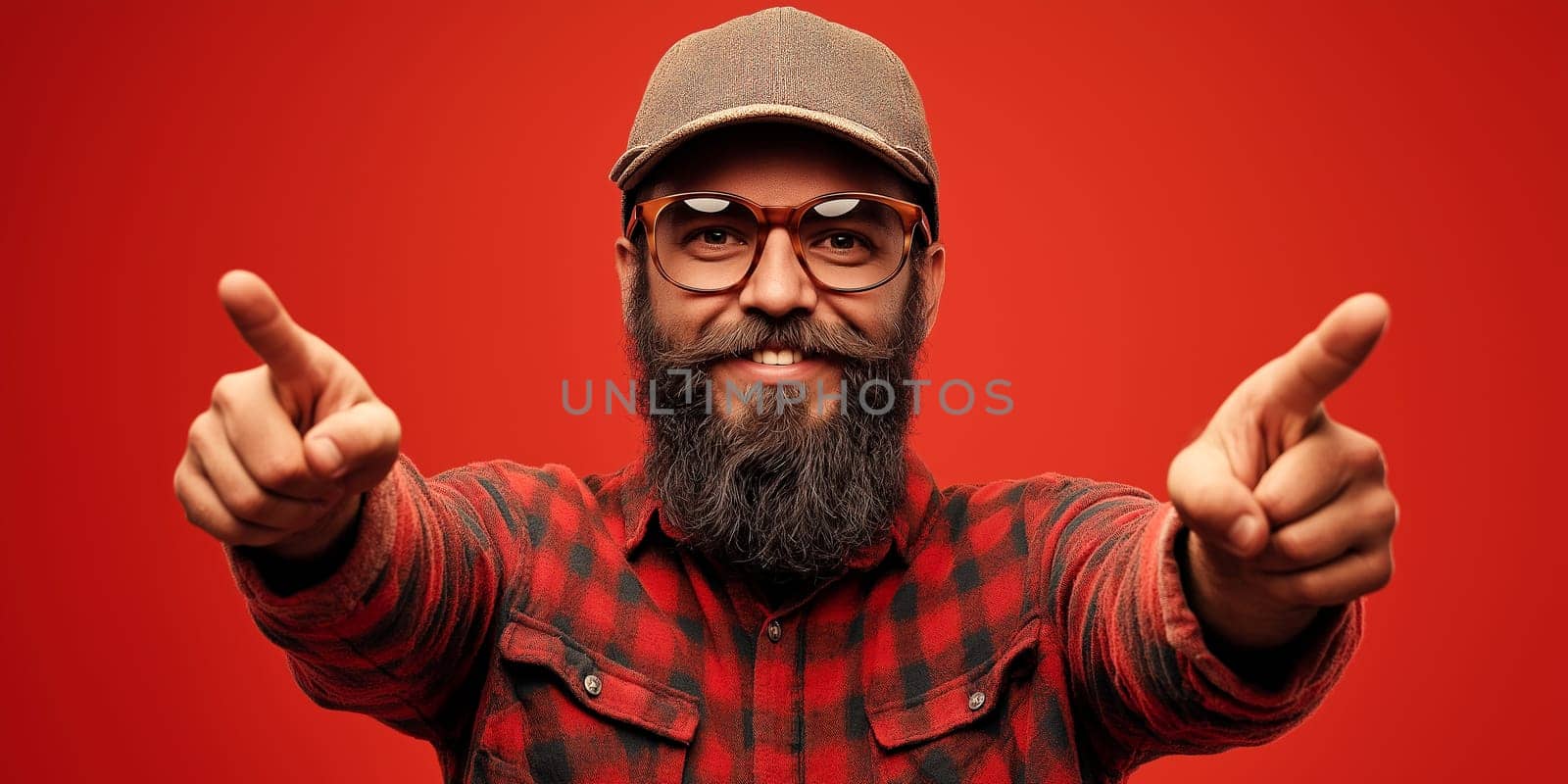 Man with beard and glasses points, smiling confidently. He's wearing a red plaid shirt and a cap. Likely a promotional image.