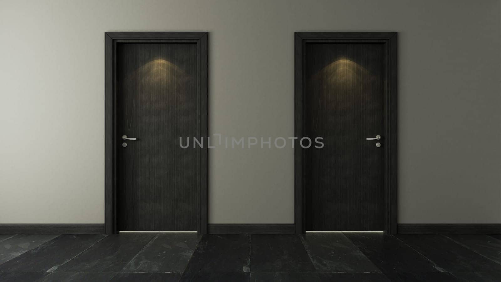 two black wooden door under spot light with wall and black stone floor 3D rendering