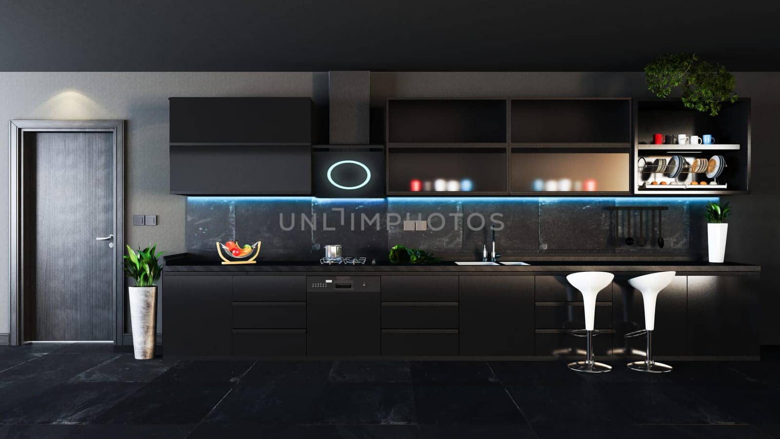 black kitchen design with black door and dark interior concept decor idea 3D rendering