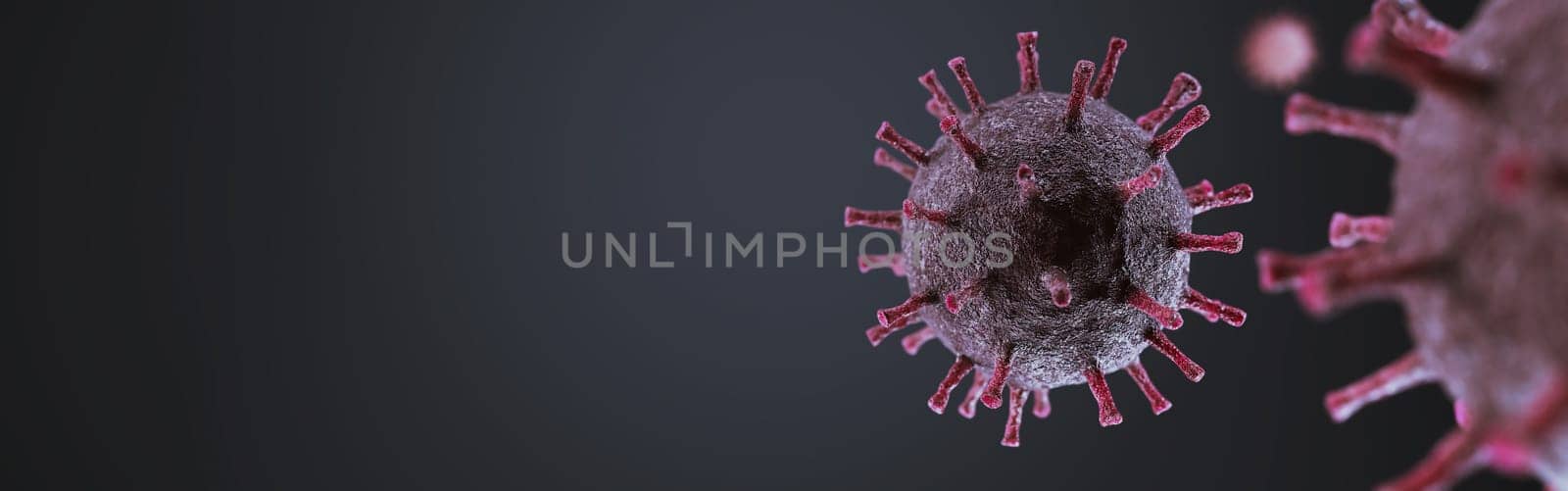 Dangerous Pandemic red coronavirus covid-19 flu 3D rendering with dark background banner and deep of field effect.