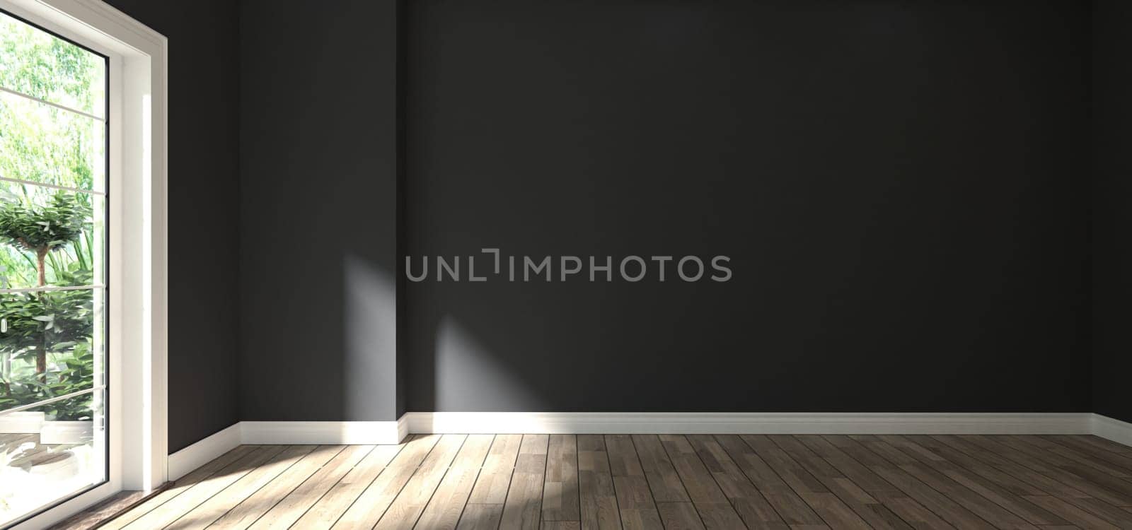 black wall empty room interior design with wooden floor 3d rendering