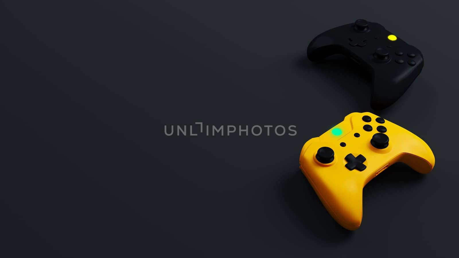 Game competition. Yellow and black joystick with black background 3D rendering