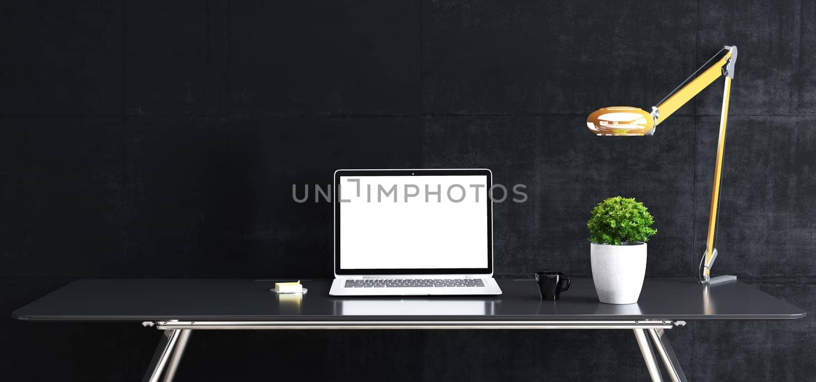 Work space stand mock up with table and plant, laptop, keyboard, mouse  cup  sticker, table lamp front black concrete wall 3D rendering