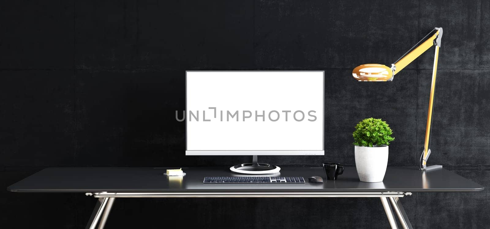 Work space stand mock up with table and plant, computer, keyboard, mouse  cup  sticker, table lamp front black concrete wall 3D rendering