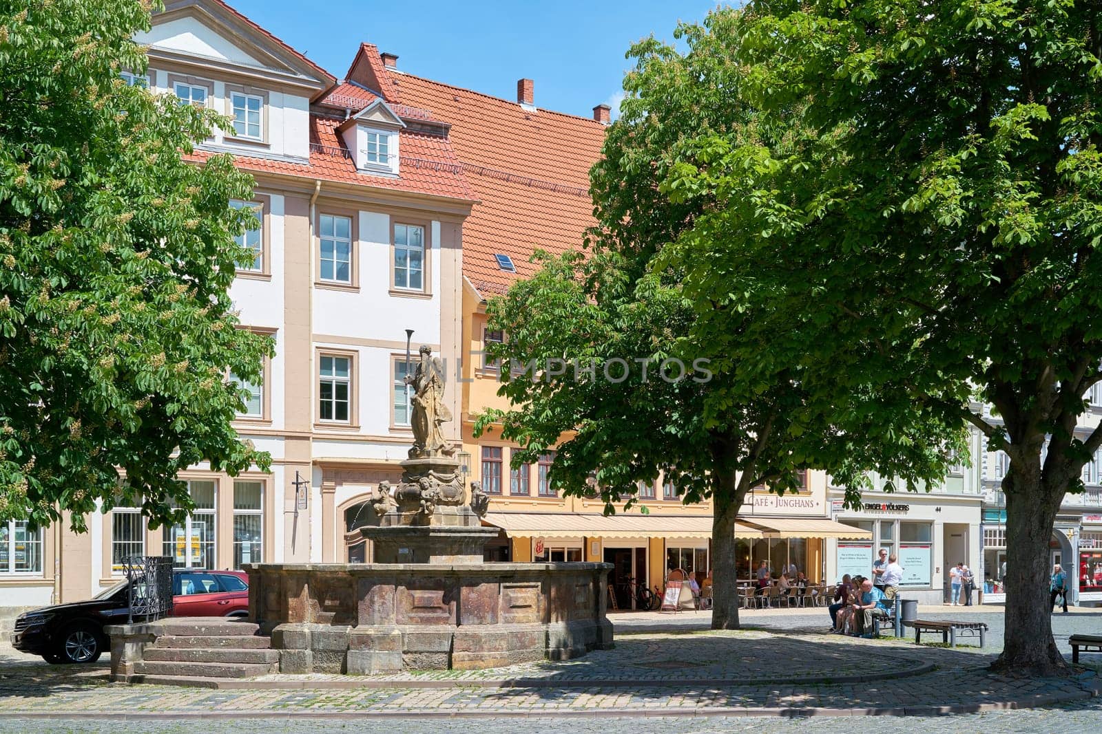 Schellenbrunnen Fountain at the main market in the old town of Gotha in Thuringia in Germany