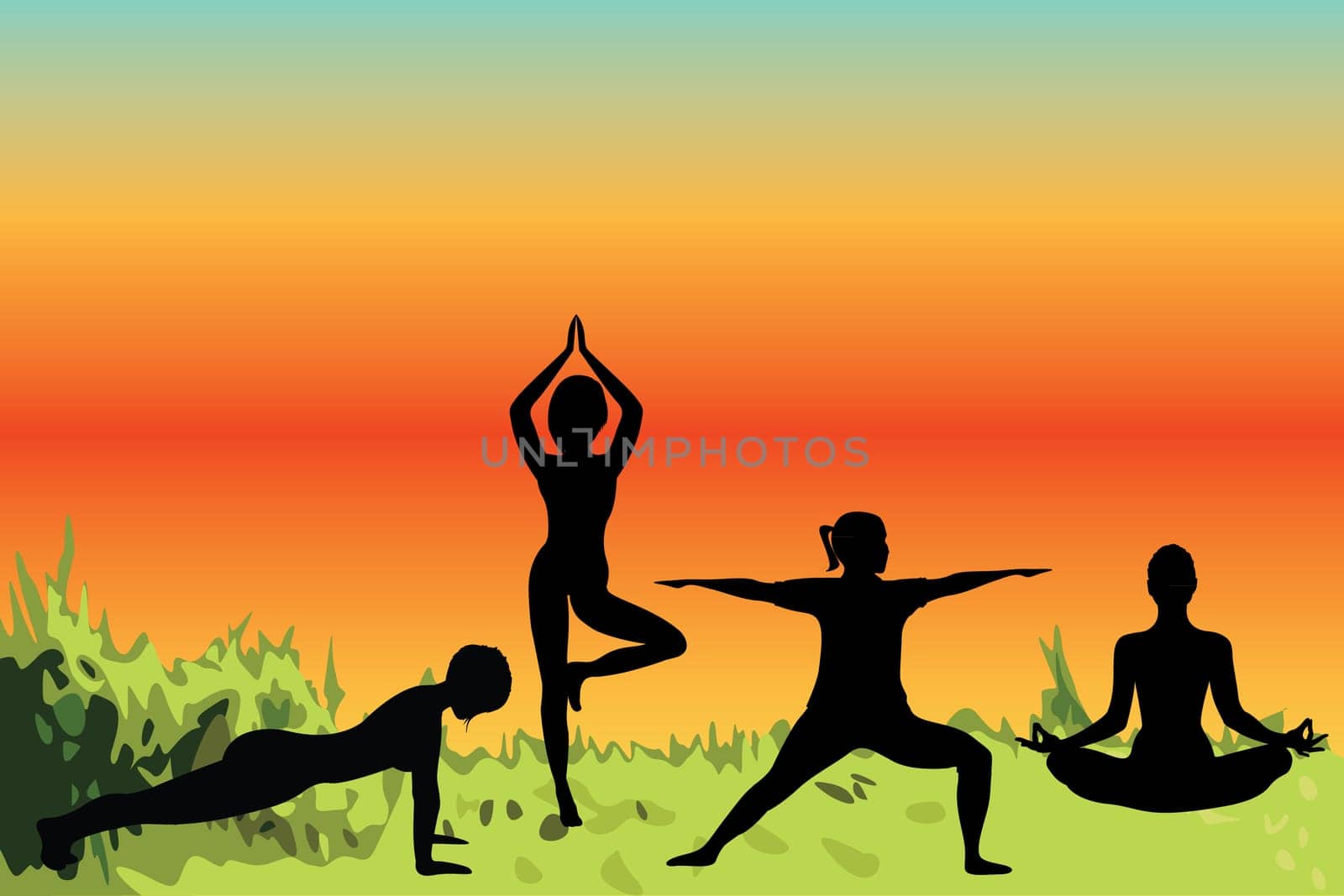 Women doing yoga exercises in a nature vector illustration. Activity outdoors meditation and relaxation in the natural scenery. Active lifestyle