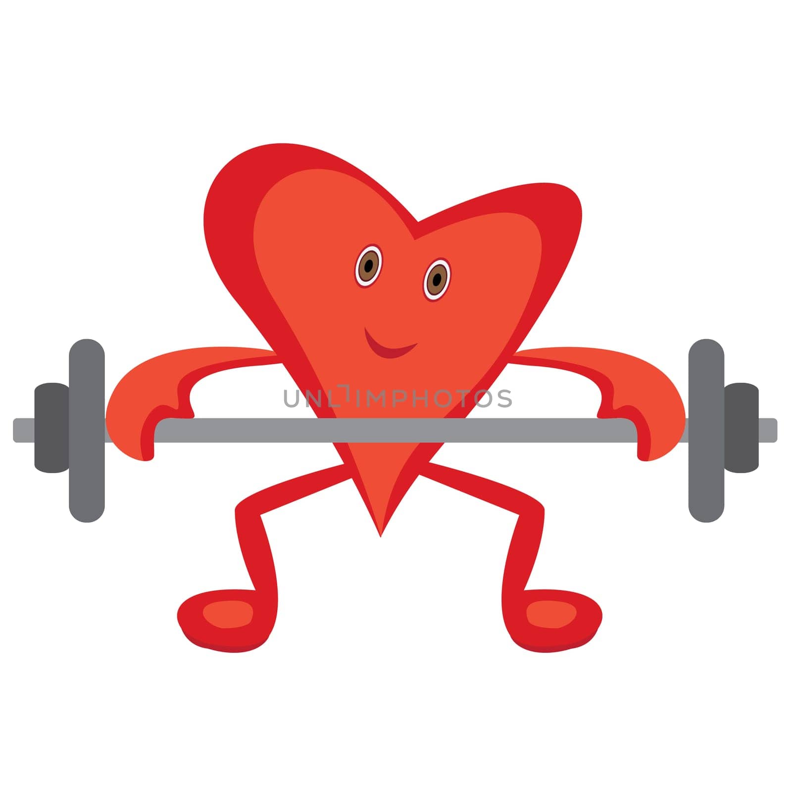 Heart doing Morning cardio exercises lift barbell for a healthy heart concept. Cartoon heart doing morning exercise vector illustration on a white background isolated