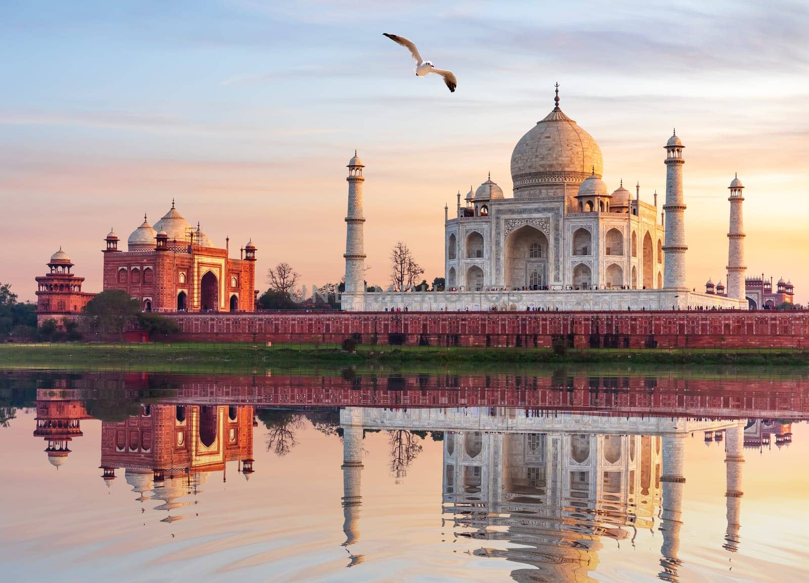 Famous Taj Mahal Mausoleum on the bank of the Yumana river in Agra, India.