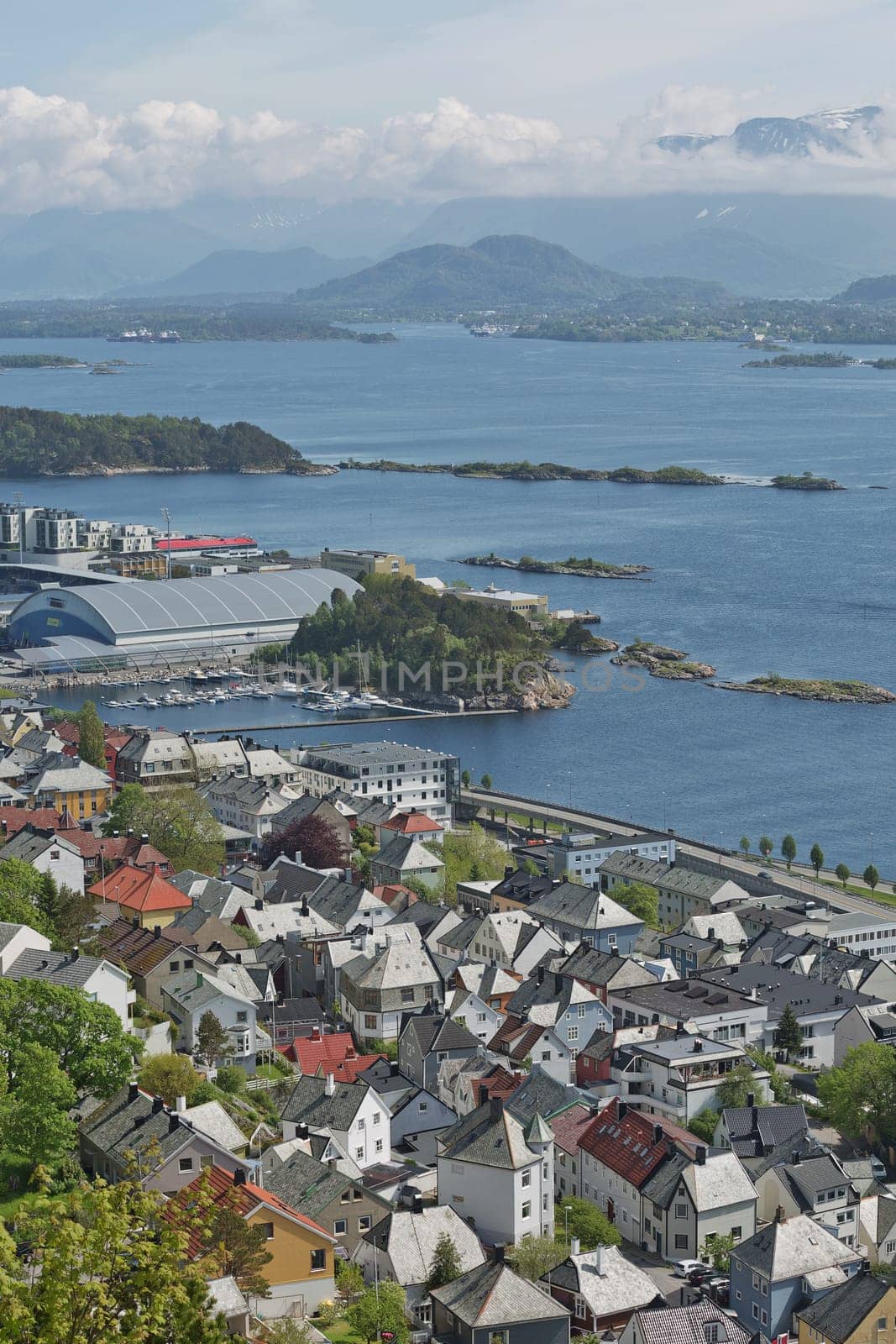 The bird's eye view of Alesund port town on the west coast of Norway, at the entrance to the Geirangerfjord.