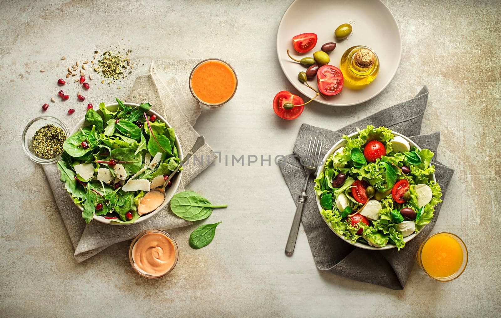 Healthy salads meal with spinach, cheese, tomato and seeds. Healthy Home made food. Concept for a tasty and healthy meal