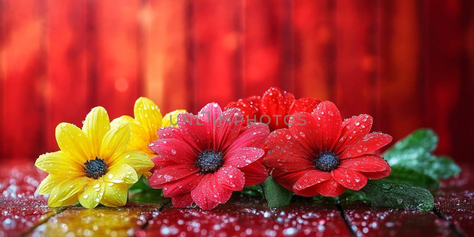 Vibrant yellow and red flowers, covered in dew drops, rest on a dark wooden surface. The beauty of nature is captured.